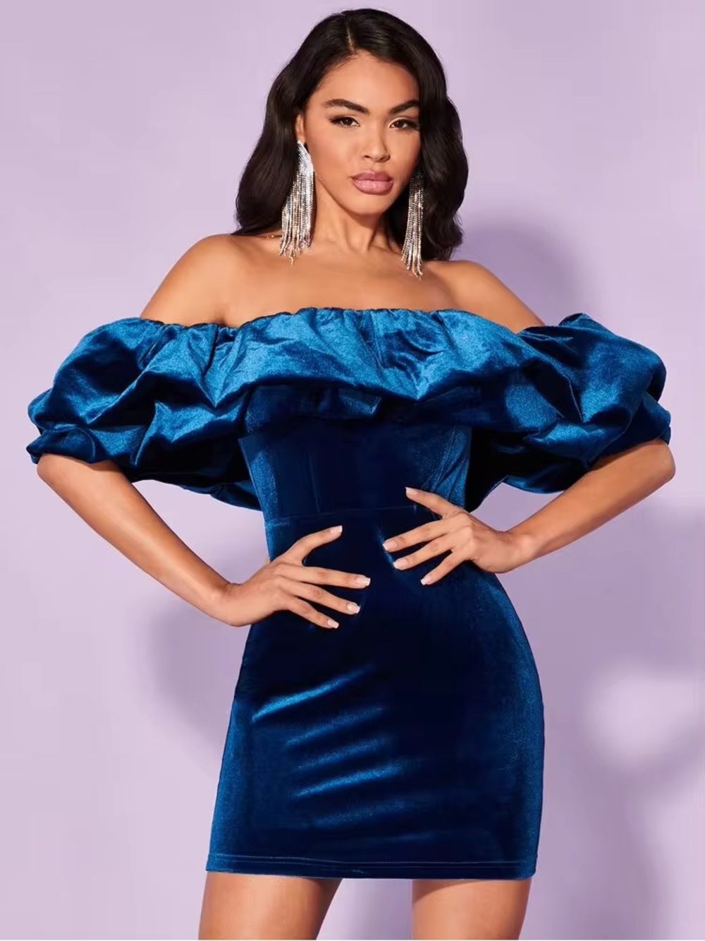 Shein Off-Shoulder Velvet Mini Dress with Ruffle Sleeve in Royal Blue